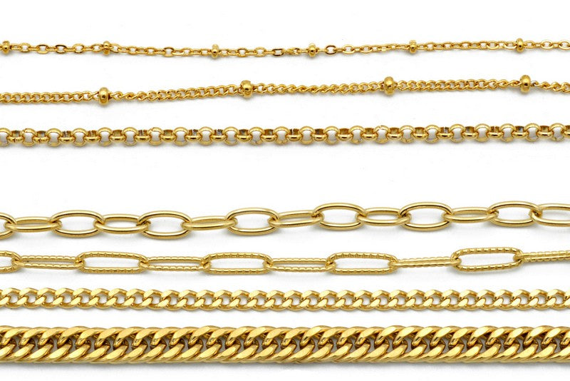Gold Plated Stainless Steel Chain Saturn Rollo Cable Curb Clip Box Cuban - BeadsFindingDepot