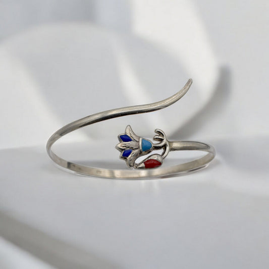 Sterling Silver Lotus Flower Bracelet with Lapis, Turquoise & Coral Adjustable Cuff jewelry making supplies - detail ima...