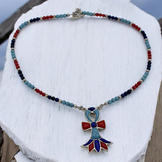 Sterling Silver Handmade Ankh Necklace with Turquoise & Coral Beads jewelry making supplies - detail image 2