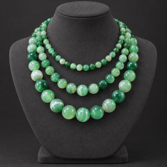 Green lace agate bead strands on a neck display