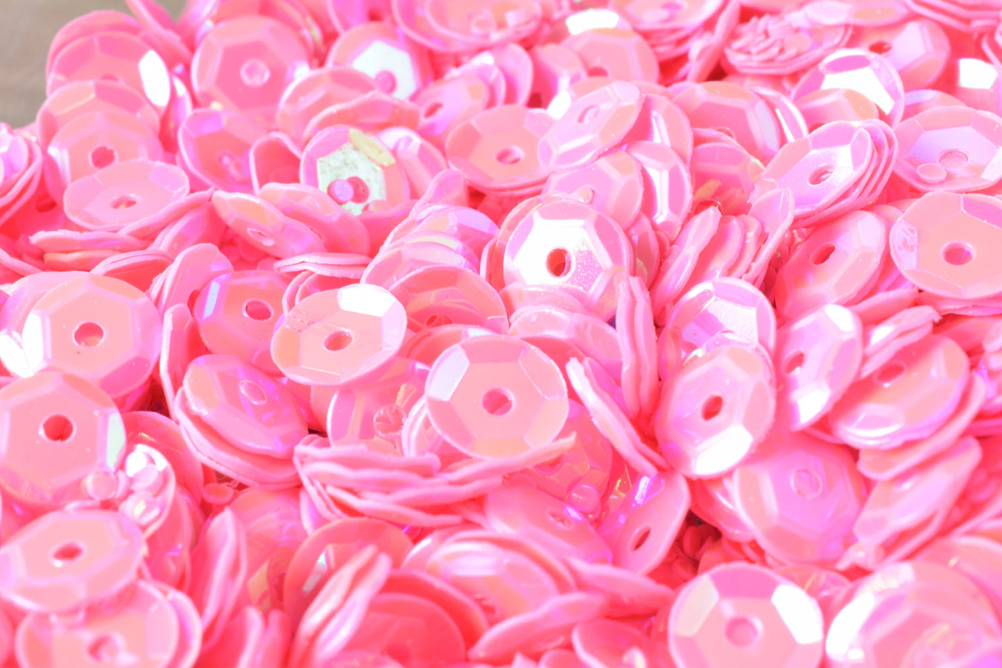 Bright Baby Pink Cup Iridescent Sheen Sequins: Shimmering Round Loose Paillettes - 3 Sizes, Center Hole, Apparel Embellishment