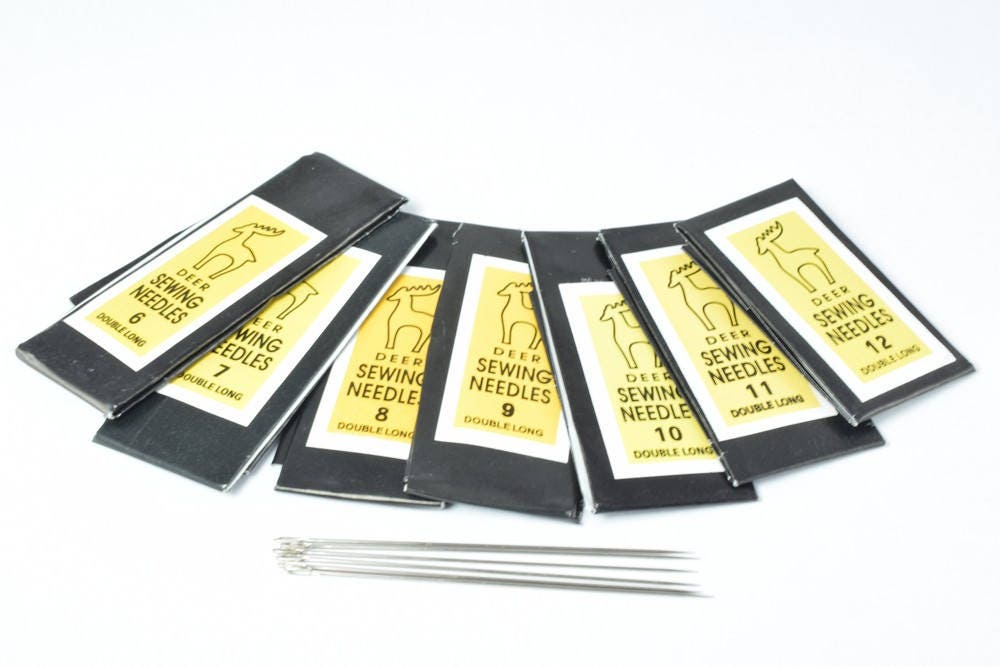 Deer Brand Double Long Sewing Needles, sizes 6-12, zinc alloy steel, 25 pieces per size for beading and embroidery