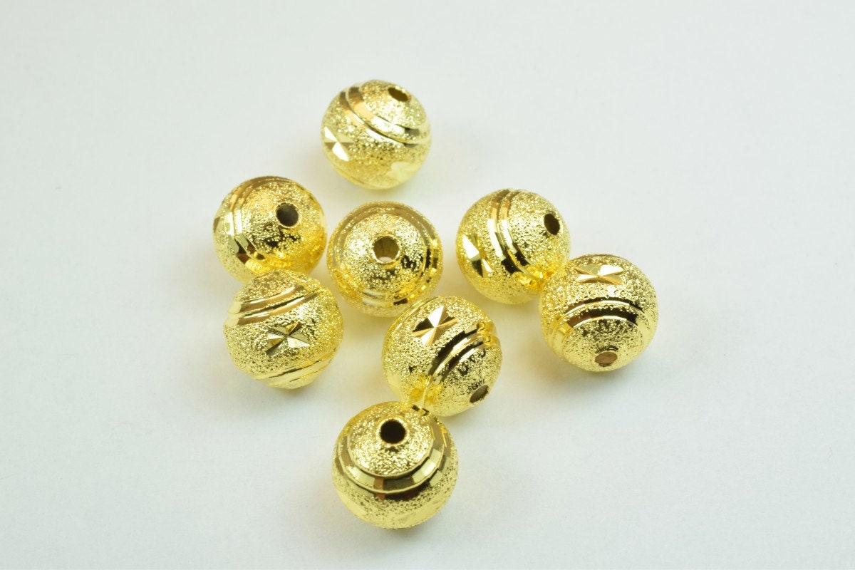 100 PCs Gold Plated Carved Round Beads 10mm Diamond Cut jewelry making supplies - detail image 7