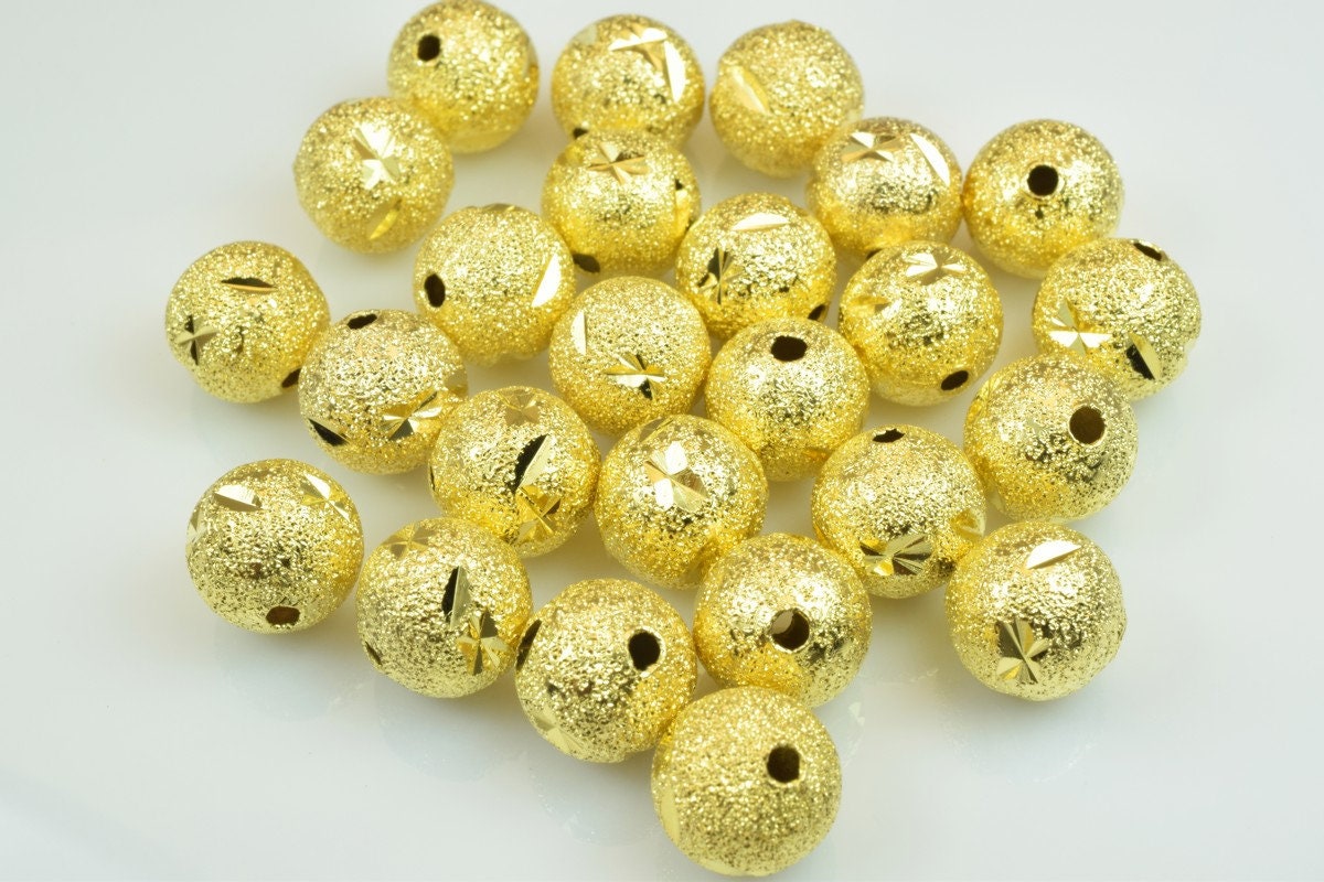100 PCs Gold Plated Carved Round Beads 8mm/10mm Diamond Cut jewelry making supplies - detail image 5