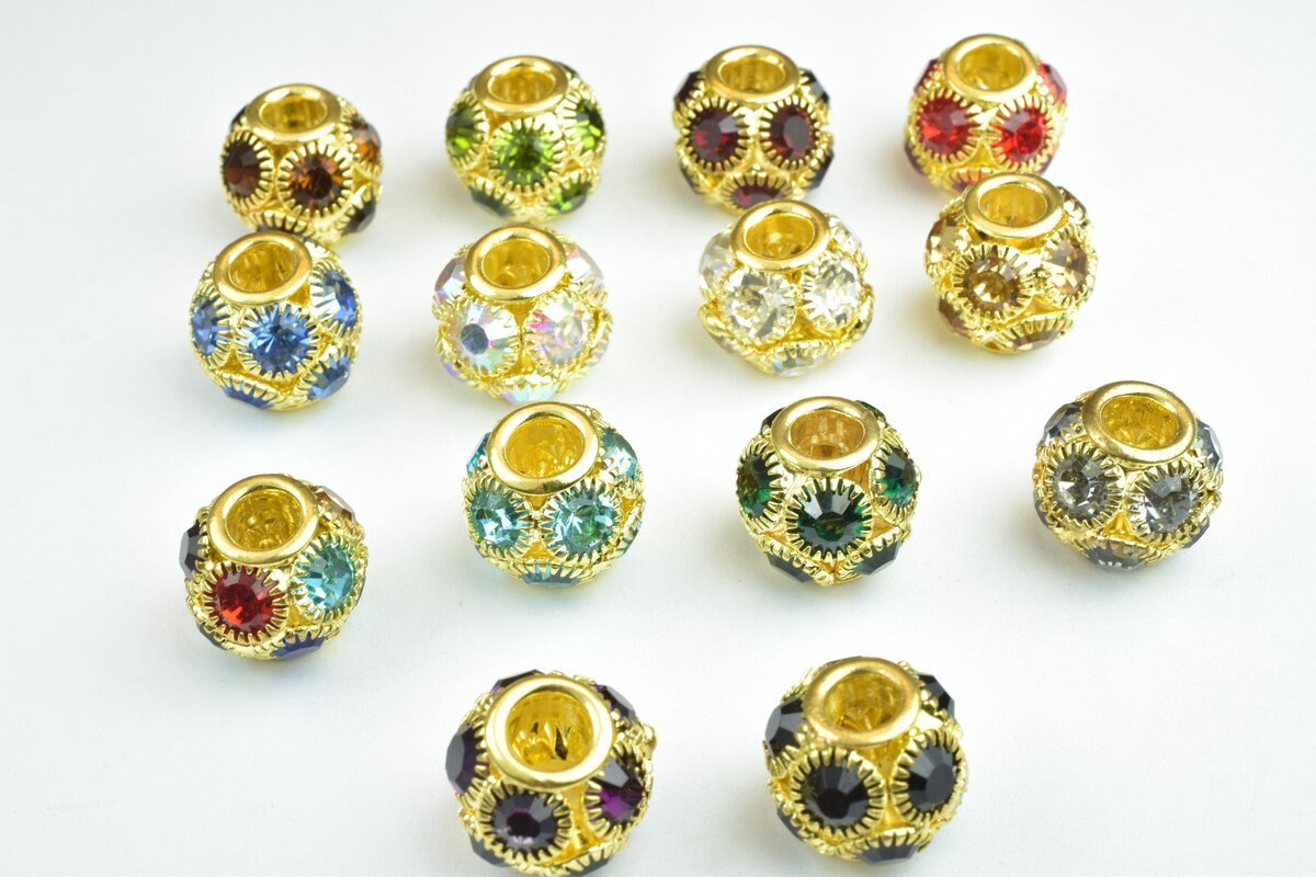 4 PCs Rhinestone Round Ball Beads with Big Hole Gold Size 13mm Hole Size 5mm For European Style Bracelet Or Necklace For J...