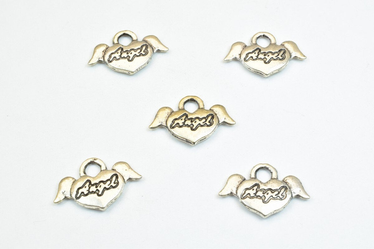 10 PCs Angel Heart Alloy Charm Antique Silver Beads Size 13x19mm Jump Ring Size 3mm Decorative Design Beads For Jewelry Ma...