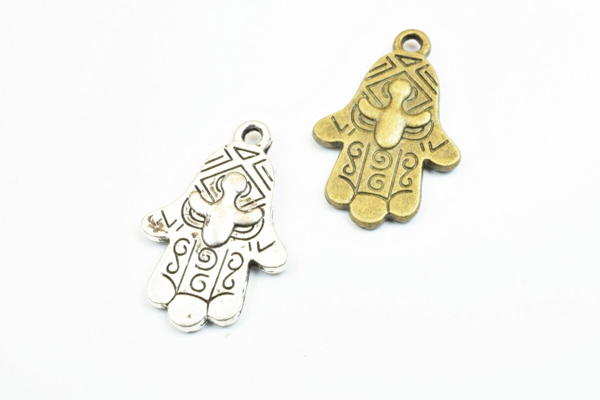 6 PCs Hamsa Hand Charm Beads Bronze/Silver Size 27x18mm Decorative Design Metal Beads 2mm JumpRing Opening for Jewelry Ma...