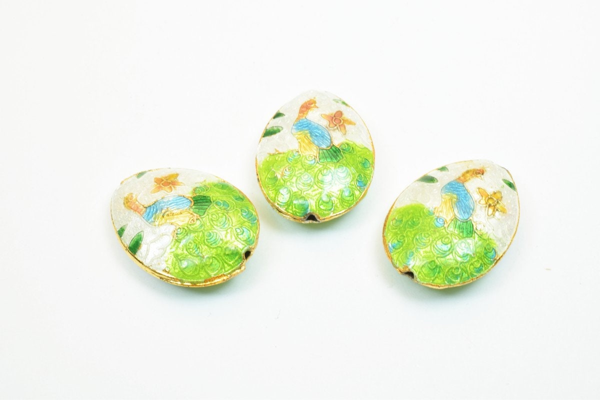 3 PCs Peacock Oval Cloisonne Pendant Beads Size 25x18mm Thickness 5mm Hole Size 1mm Enamel Design Sweater Chain Charm For...