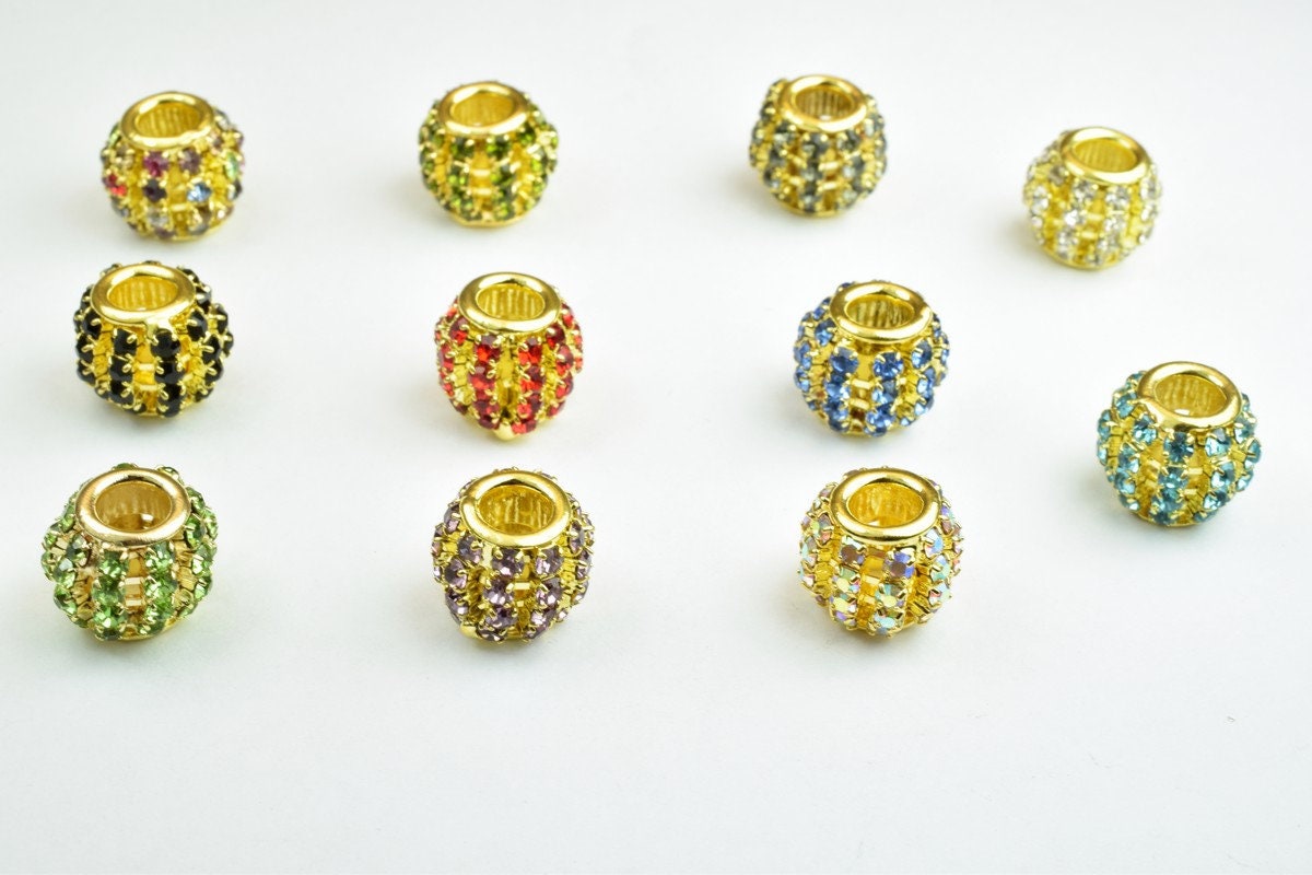4 PCs Rhinestone Round Ball Beads with Big Hole Gold Size 12x11mm Hole Size 5mm For European Style Bracelet Or Necklace Fo...