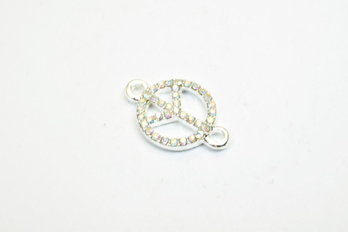 4 PCs Peace Sign Rhinestone Connector Charm Pave Beads Findings Size 19.5x12.5mm Thickness 2.5mm 2 Jump Rings 1mm For Jewe...