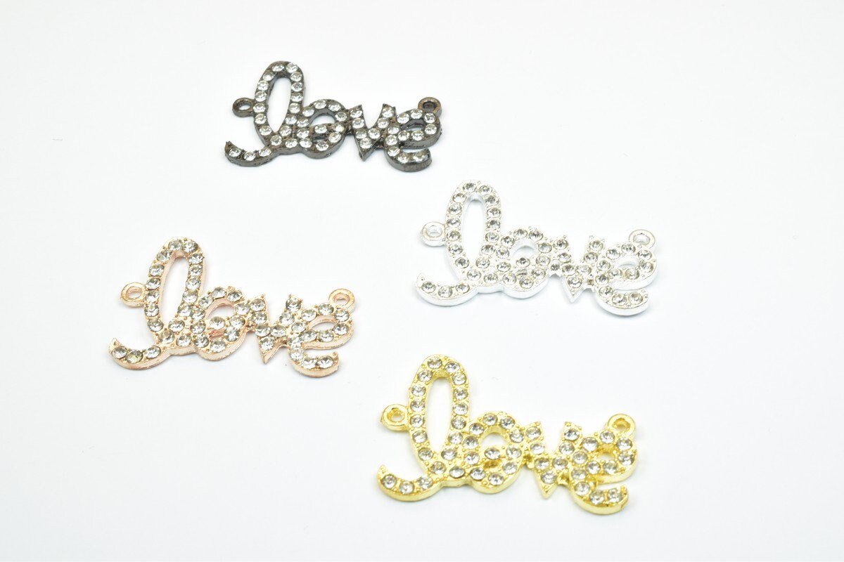 4 PCs Love Rhinestone Connector Pendant Charm Pave Beads Finding Size 23x35mm Thickness 2.5mm 2 Jump Rings 1mm For Jewelry...