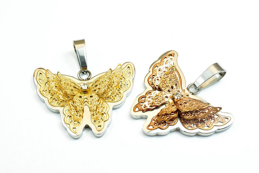 18K Gold Filled Butterfly Stainless Steel Pendant Or Rose Gold Filled With Rhinestone CZ Cubic Zirconia Size 28x36mm For J...