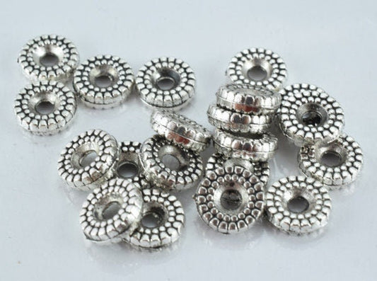 Antique Silver Beads Detailed Ribbed Alloy Metal: Vintage Tone Jewelry Components (20pcs, 3mm Thickness, 2mm Hole)
