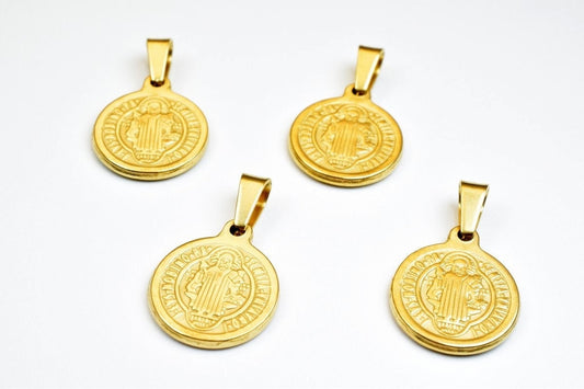Saint Benedict Medal Pendant Gold Filled: Double-Sided Religious Charm - 18K Gold Tone, Round Design, Rosary & Necklace Use