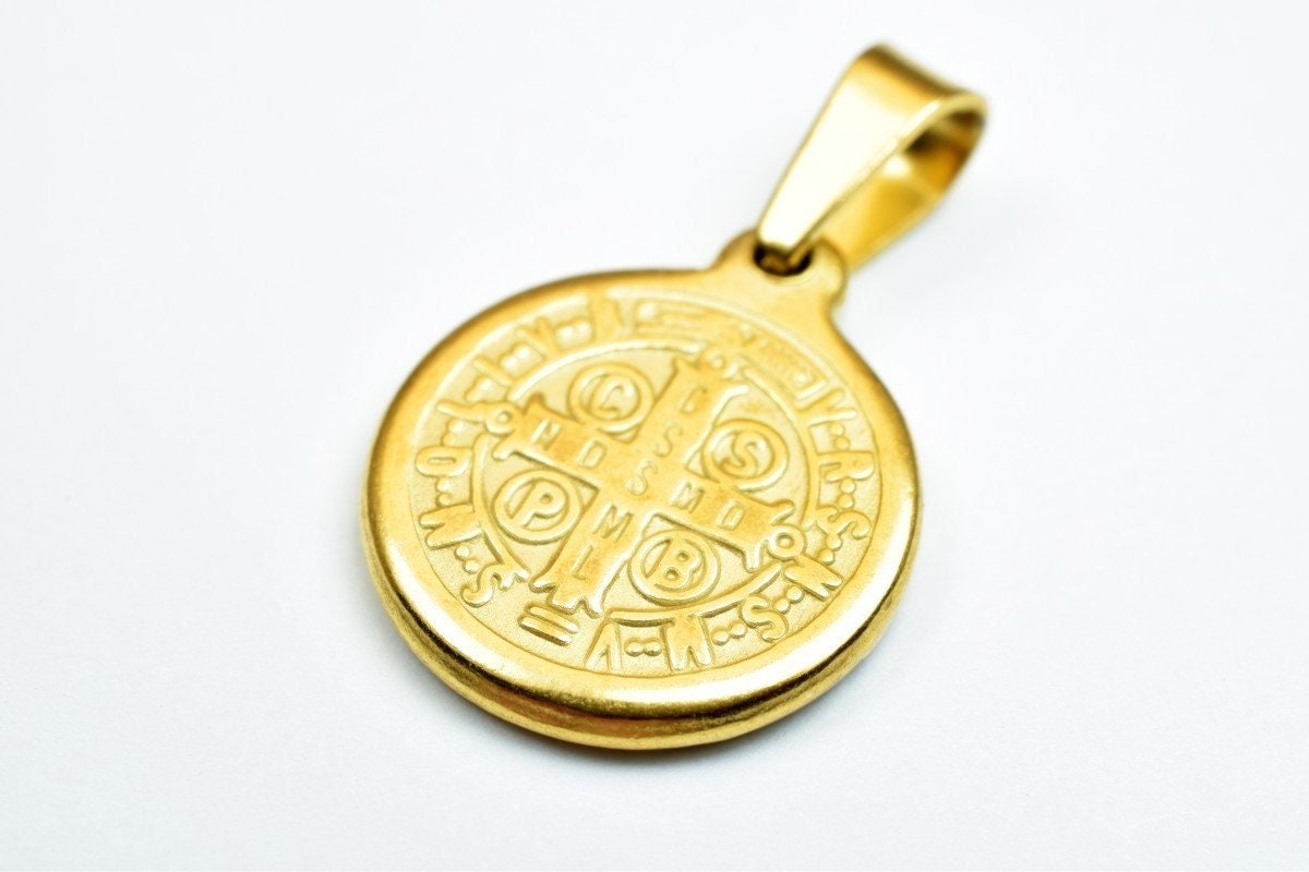 Saint Benedict Medal Pendant Gold Filled: Double-Sided Religious Charm - 18K Gold Tone, Round Design, Rosary & Necklace Use