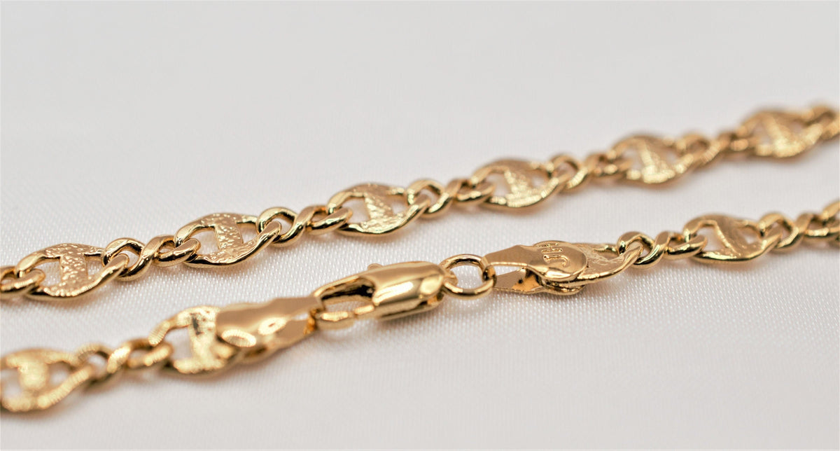 18" inches 18k gold filled EP figaro chain, channel link similar design chain, 6mm width 1mm thickness, findings for jewel...