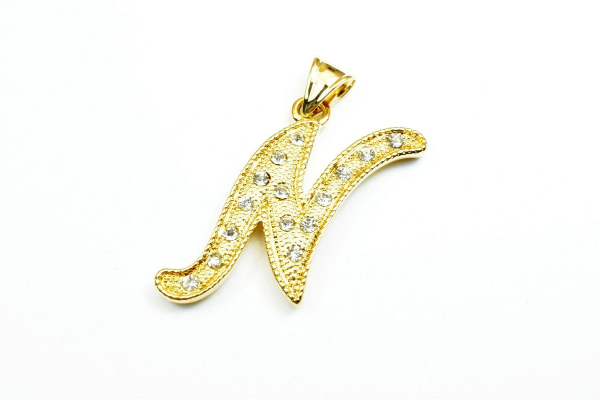 18K as Gold Filled* Letter "N" Pendant With Rhinestone CZ Cubic Zirconia, Size 33x19mm Initial Charm Valentine's Day Gift...