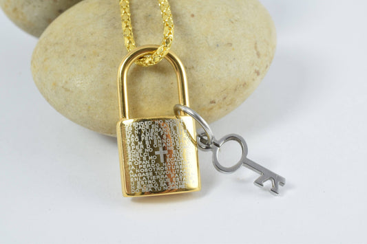 18K Gold Filled Locket Stainless Steel Pendant With a Lock Key With Jesus Prayer in Spanish White Gold Filled Charm For Je...