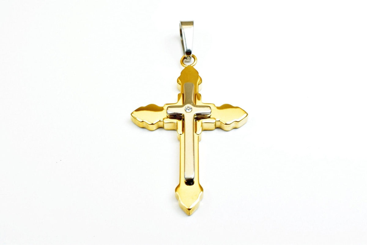 18K Gold Filled Cross Pendant: Mixed Metal Religious Jewelry, Clear CZ Accent (52x32mm, Stainless Steel, Bail 12x4mm)