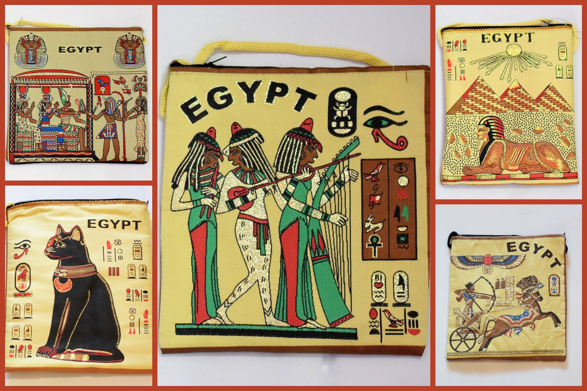 Egyptian Fabric Bags - Hieroglyphic Art Tote - Lightweight Cotton, Double Sided Print, 7x8 Inches, Gift Idea