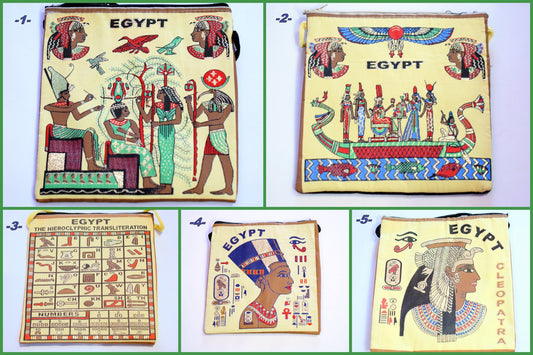 Egyptian Fabric Bags Bohemian Tote, Pharaoh & Sphinx Symbols (7x8 Inches, Lightweight, Double Face Art, Hand Woven Fabric)