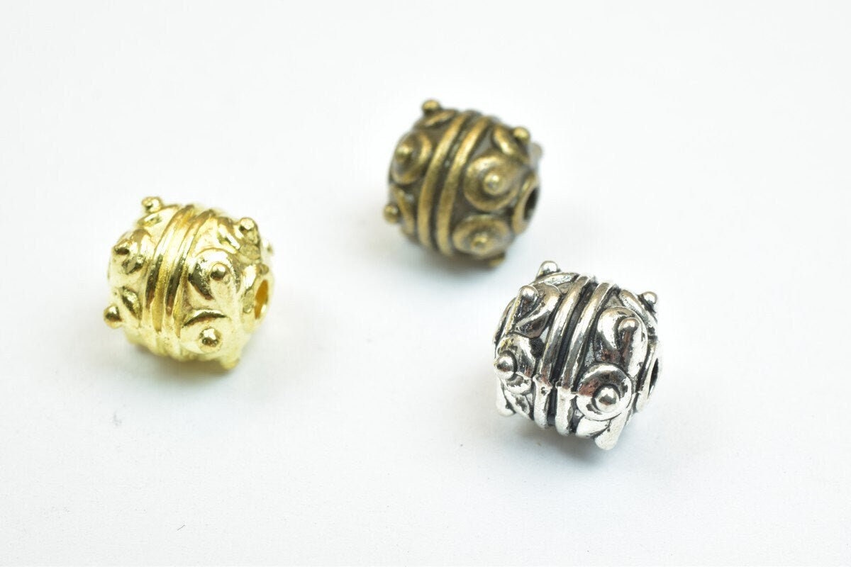Antique Silver Beads Set: Mixed Green Gold and Silver Tones, Vintage Style (7mm Diameter, 1mm Hole, Base Metal Alloy)