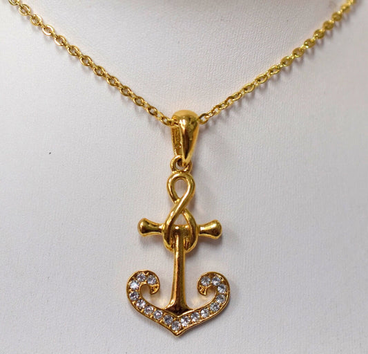 18K Gold Filled Look Anchor Pendant Charm: Clear Zirconia, Copper Base, Jewelry Making (46x22mm)