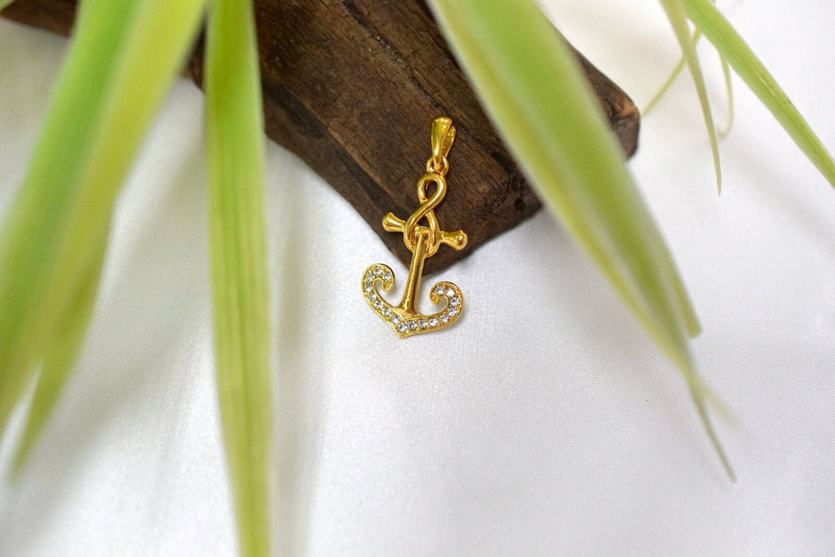 18K Gold Filled Look Anchor Pendant Charm: Clear Zirconia, Copper Base, Jewelry Making (46x22mm)