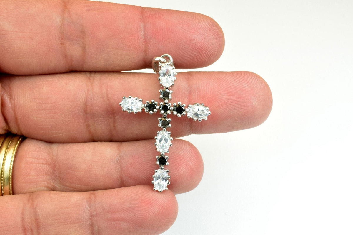 White Gold Filled Cross Pendant - Black Clear CZ Charm - Rhodium Plated, Tarnish Resistant Finish, Gift For Her Jewelry Making