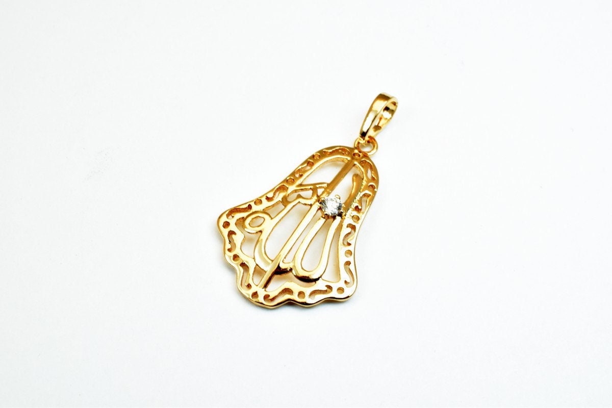 18KT as as Gold Filled* tarnish resistant Hamsa Hand Allah الله Pendant With Clear Cubic Zircon Stone, Size 27x19mm For Je...