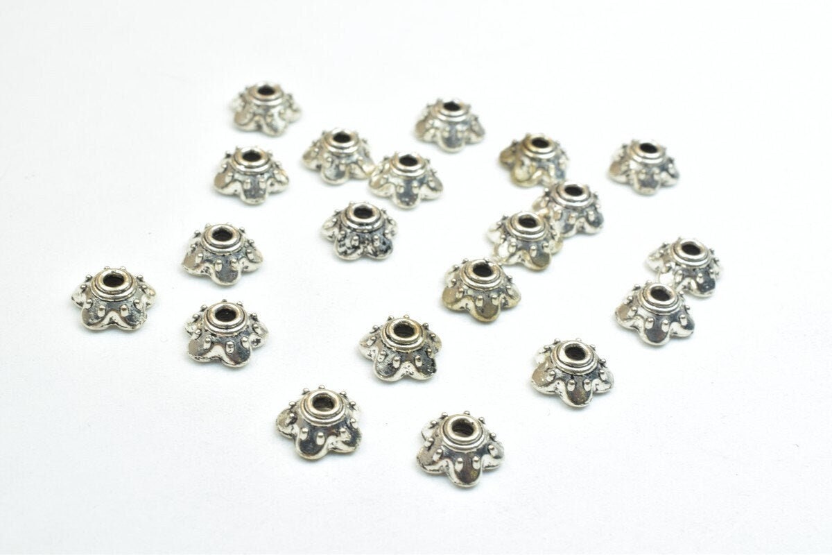 Flower Beads Caps: Antique Silver Finish - 7mm Size, 1mm Hole, Metal Alloy for Jewelry Making
