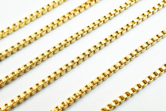 1mm Gold Plated Square Box Chain, Tarnish Resistant Electroplated Finish (18k Gold Plating, Copper, Sold by Foot for Jewelry Making)