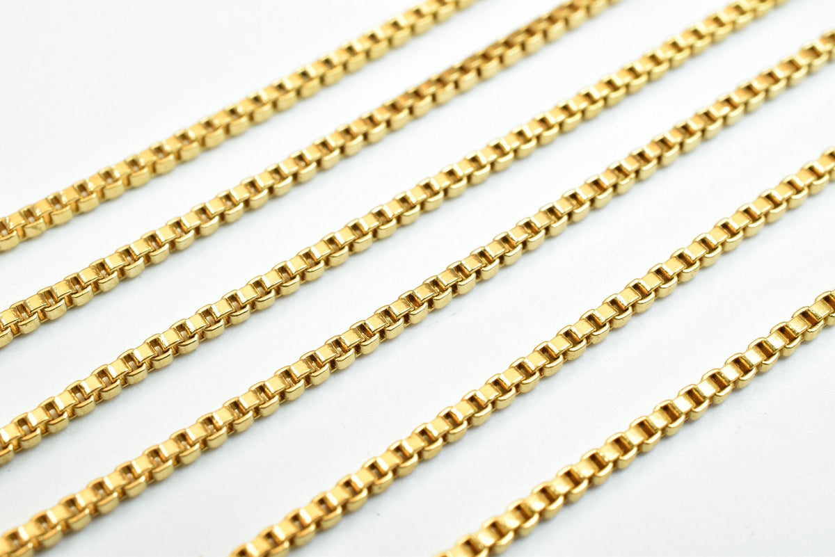 1mm Gold Plated Square Box Chain, Tarnish Resistant Electroplated Finish (18k Gold Plating, Copper, Sold by Foot for Jewelry Making)