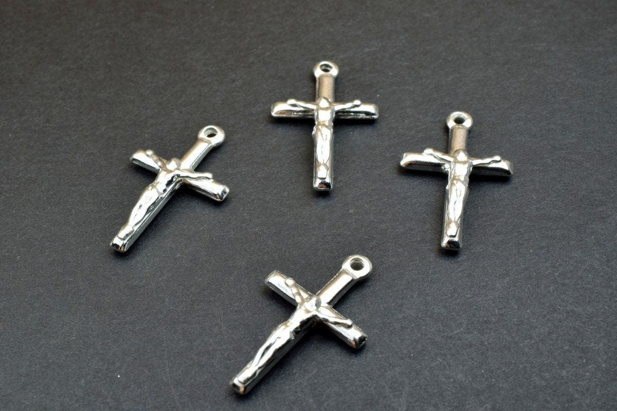 Cross Charm 925 Sterling Silver - Christian Pendant Bead - Large Hole Spacer, Jewelry Connector, 25x15mm