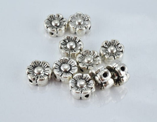 11m Floral Shaped Antique Silver Metal Alloy Charm Pendant Beads, 1mm hole opening, Sold by 10 pcs, 13grams/pk, 4mm Bead T...
