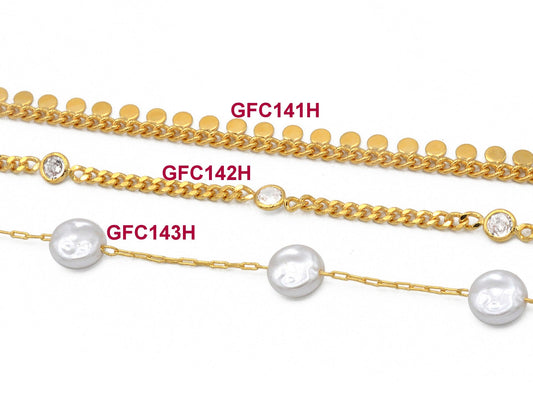 Gold Filled Alternative Cuban Curb Chain Necklace - Pearl Crystal Coin Charms, Gold Filled Alternative, Jewelry Making Supply, 3mm Width