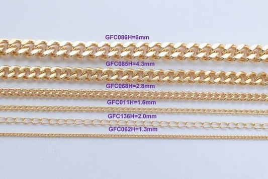 18K Gold Filled Look,Cuban Link Chain, Customize necklace Findings for Jewelry 3 Feet Wholesale Sizes 1.3mm, 1.6mm,2mm,2.8...