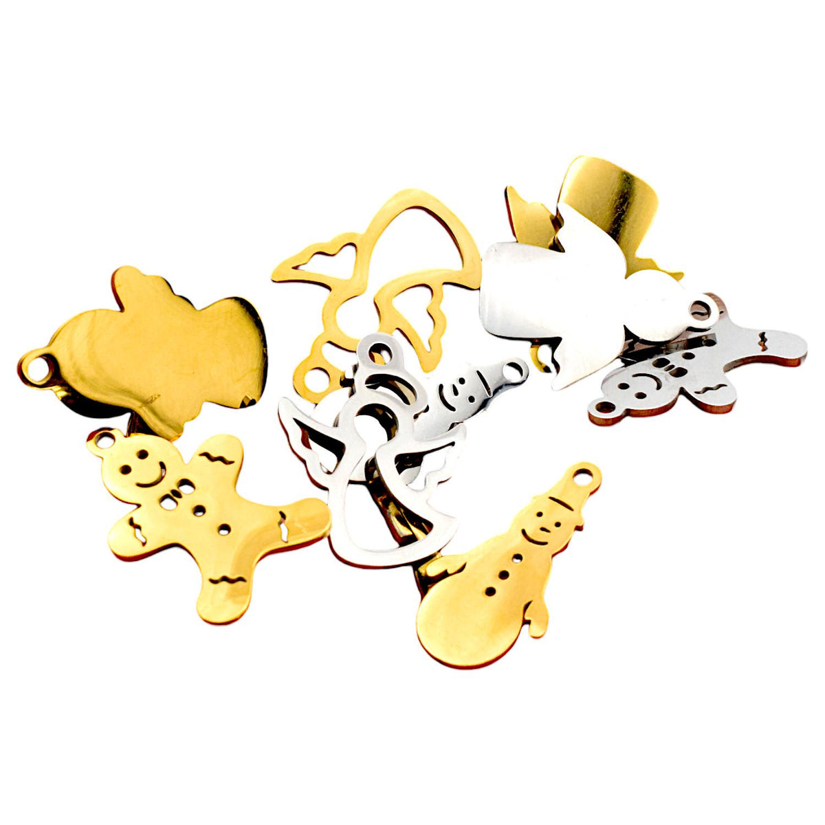Angel Pendant Charms Holiday Collection: Stainless Steel Festive Motifs for Jewelry Making (Snowman, Gingerbread Man, Angels, 6pcs)