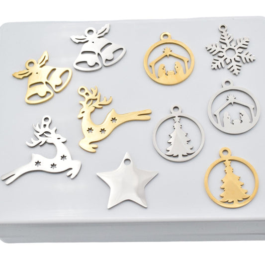 Festive Stainless Steel Charms Holiday and Christmas collection tree snowflake bells Star reindeer nativity scene 6pcs/pk...