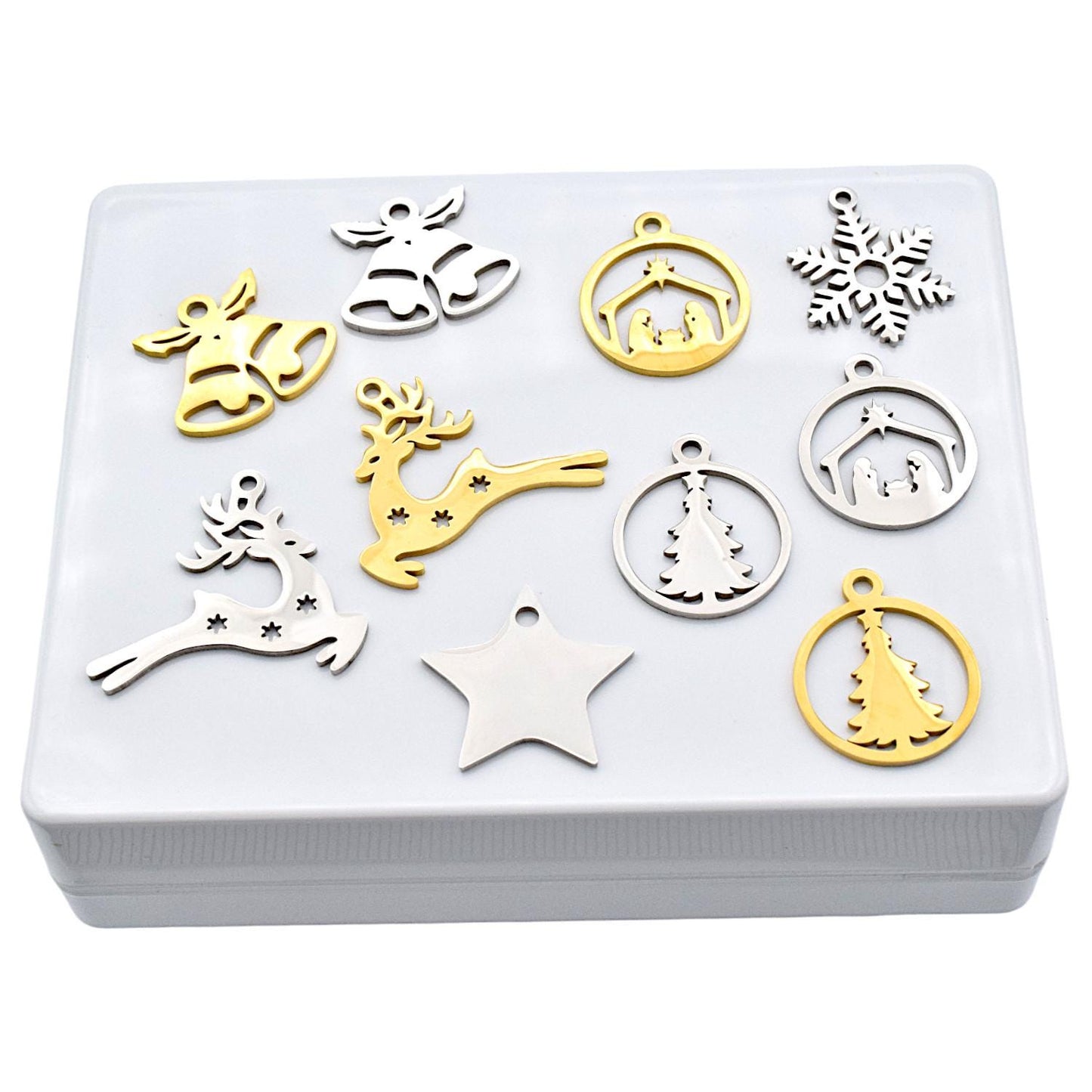 Nativity Scene Charm Set: Elegant Gold & Silver Holiday Pendants (6pcs, Stainless Steel, Classic Christmas Symbols for Crafts)