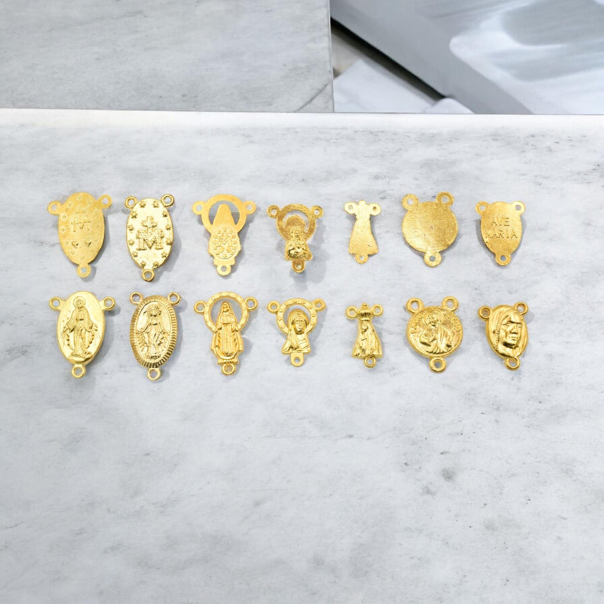 Gold Rosary Centers Saints Medals, Detailed Religious Charms (Multiple Sizes, Plated Copper Alloy, Jewelry Making Kits)