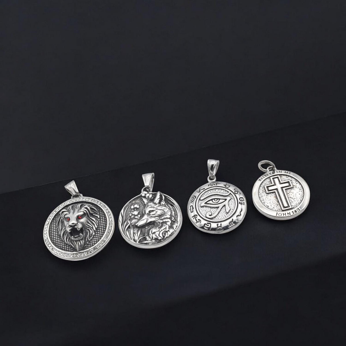 Stainless Steel Medallion Pendant Lion Head, Cross, Wolf, Eye of Horus for jewelry making jewelry making supplies - detail...