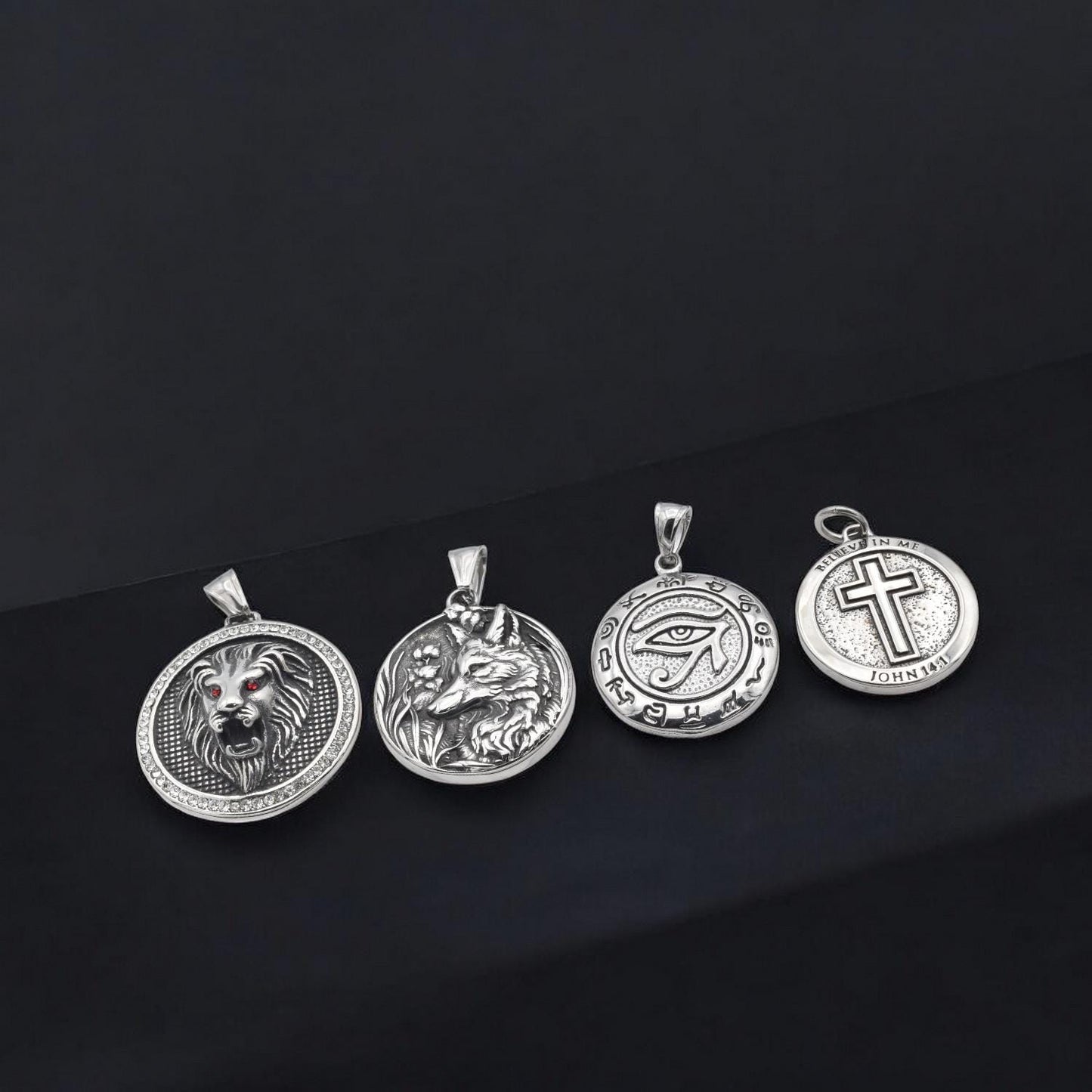 Pendant Lion Head Durable Steel Charm - Polished Stainless Steel Medallions - Lion, Wolf, Eye of Horus & Cross Designs, Gift For Men and Her