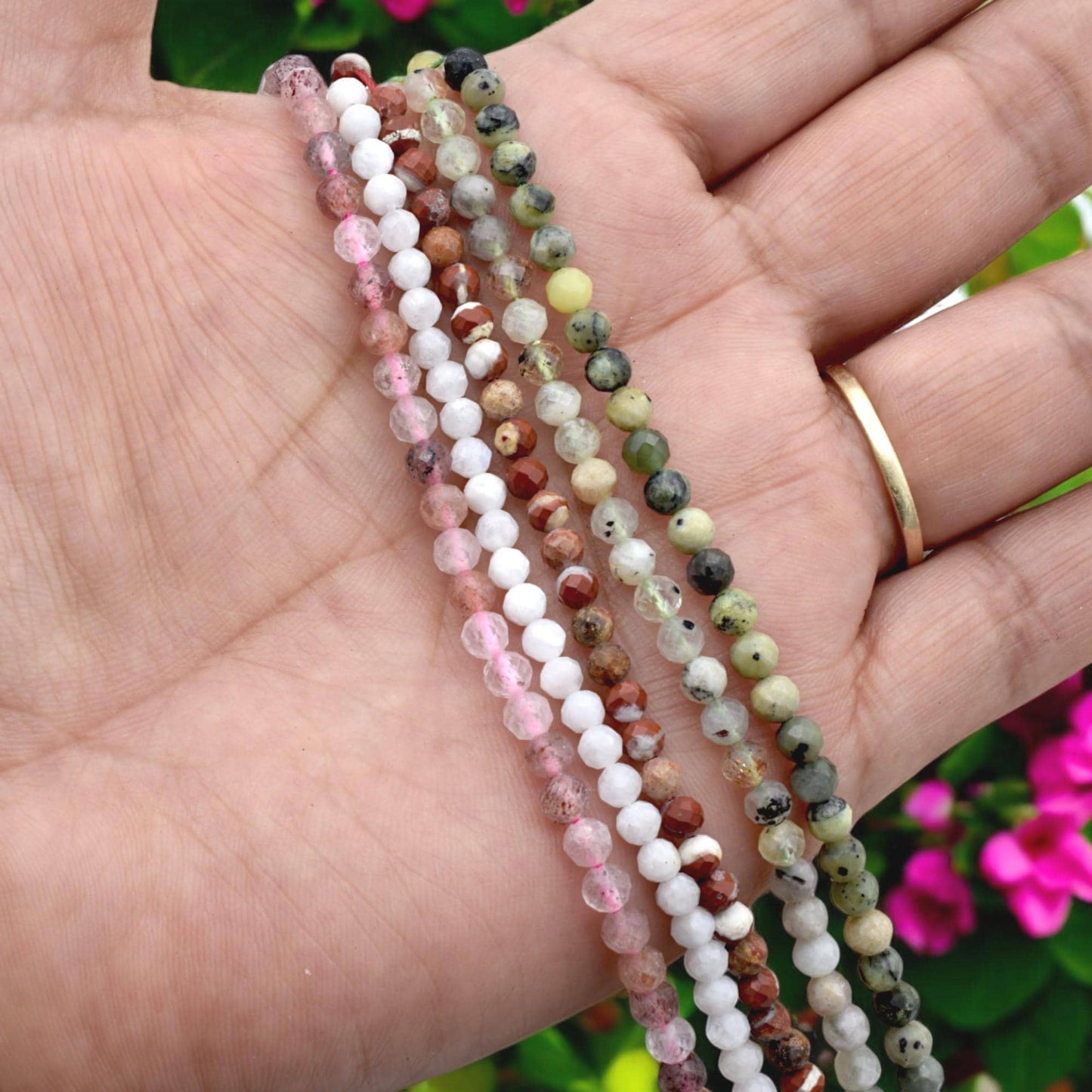 4mm Faceted Round Mixed Stone Strand Natural Gemstone Beads, Earth Tones (Strawberry Quartz, Moonstone, Jasper, Semi Precious)