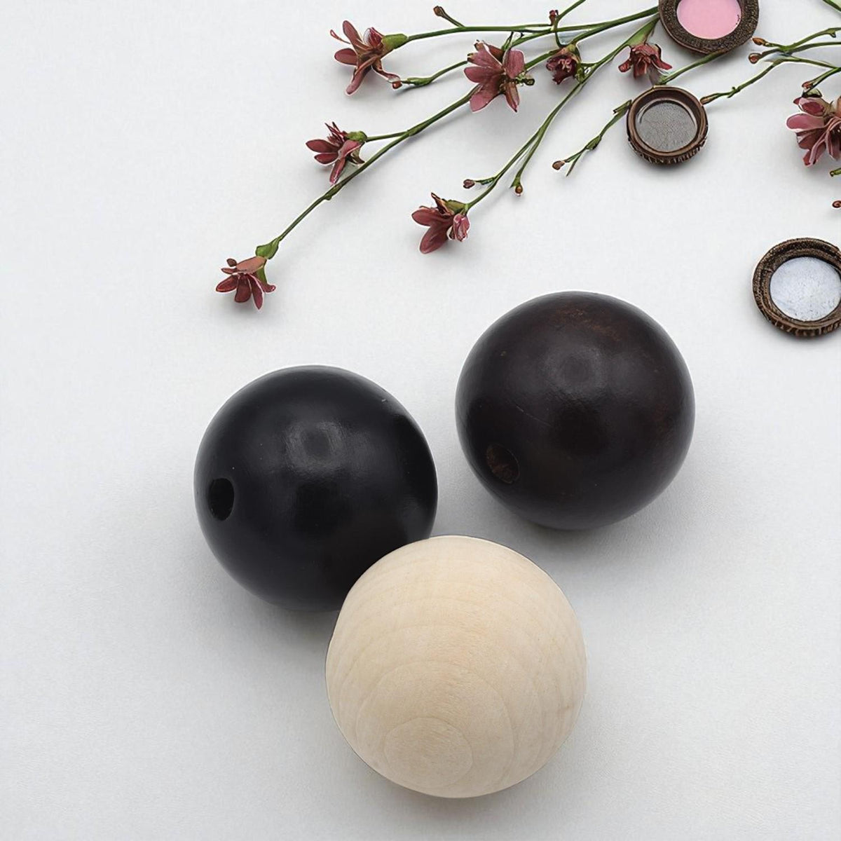 Large Wood Round Beads: Black Natural Dark 50mm - Smooth Surface, Big Hole, Rustic Jewelry Supplies