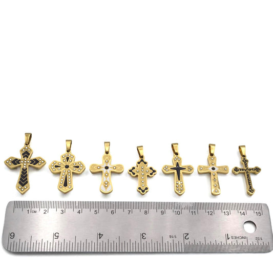 Gold Tone Cross Pendants - Christian Necklace Charms - Black Enamel, CZ Sparkle, Stainless Steel, Baptism Gift Idea