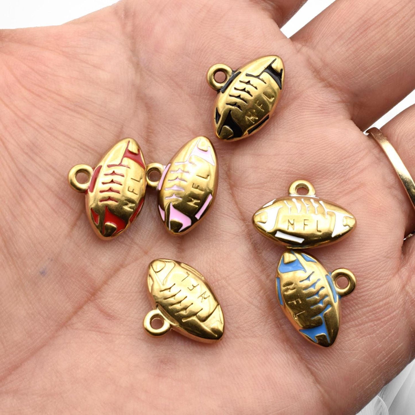 Gold Plated Charms Football Pendants: Team Colors Enamel, Raised Laces Detail | Stainless Steel, Lead-Free | 12PC Pack