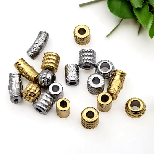Beads Roundel Gold Large Hole Tubes, Textured Barrel Spacers (Hammered Bamboo Snakeskin, Stainless Steel, 12 Pieces Pack)