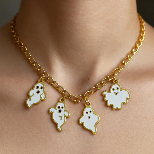 Spooky Ghost Charms Halloween Pendants, White Enamel with Gold Trim (3 Pieces, Stainless Steel, DIY Jewelry Craft)
