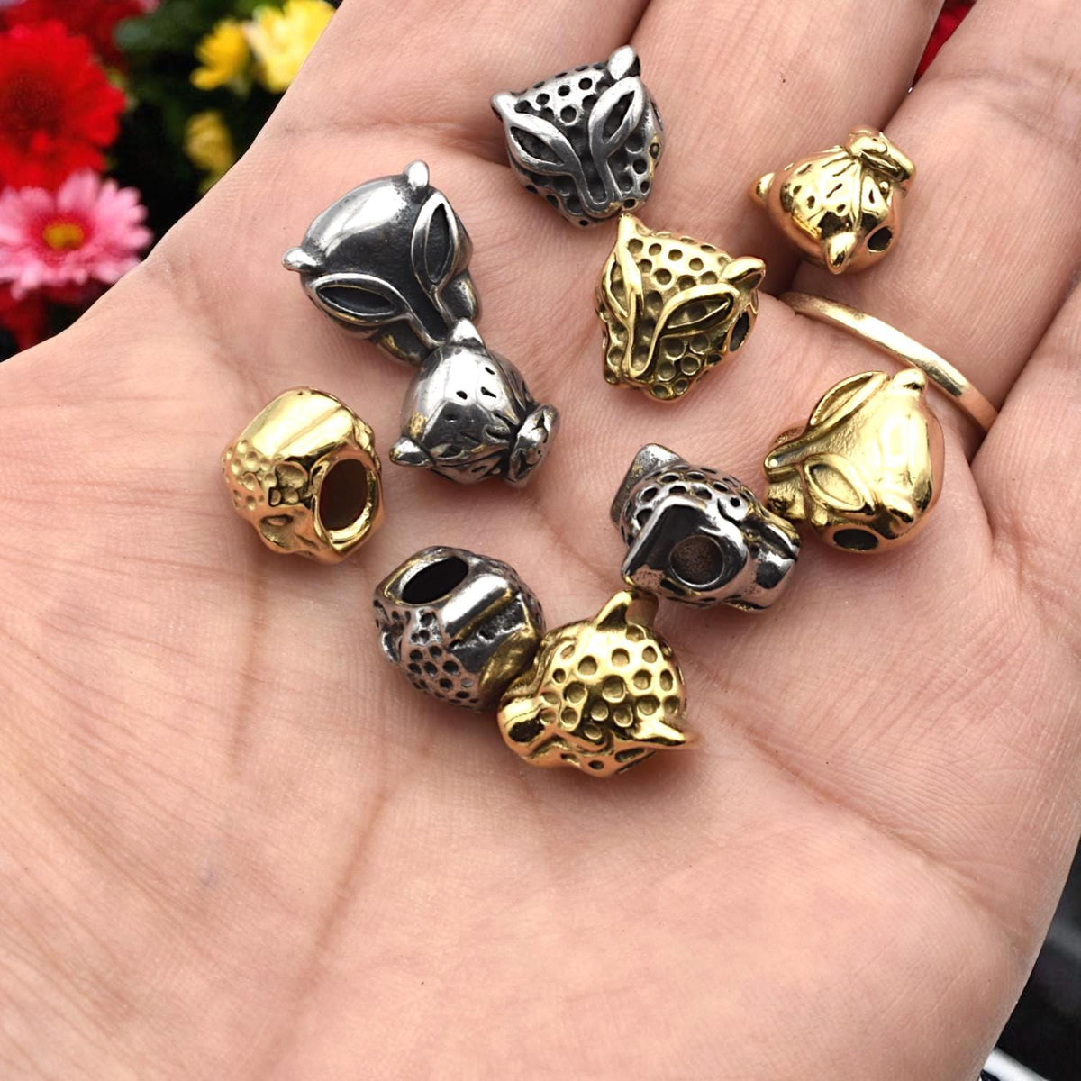 Leopard And Panther Head Beads: Antique Gold & Silver Finish - Large Hole, Durable Stainless Steel, Wildlife Jewelry Components